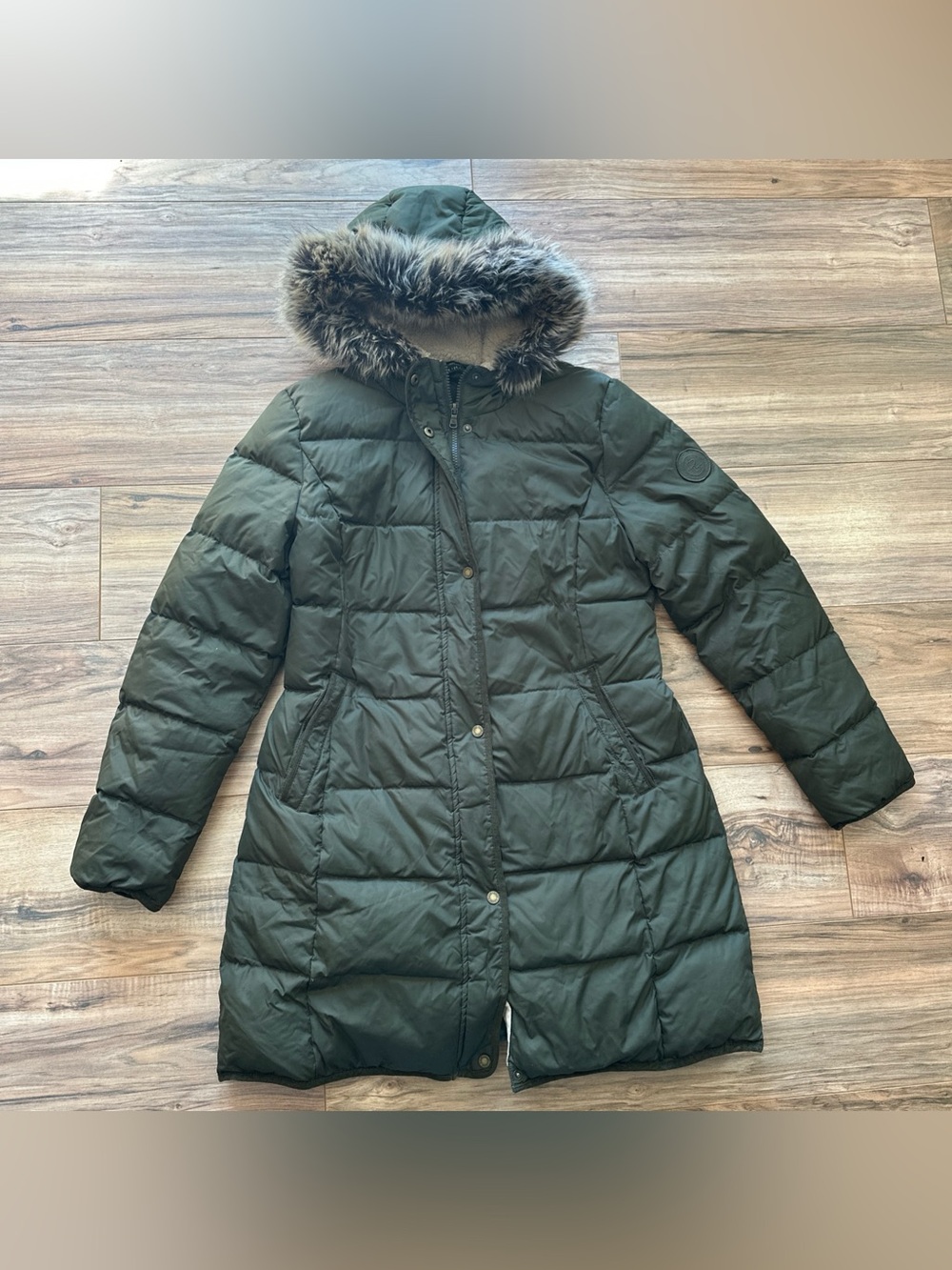 Lauren Ralph Lauren Goose Down Puffer Coat Sz Large Faux Fur Hooded Sherpa Green